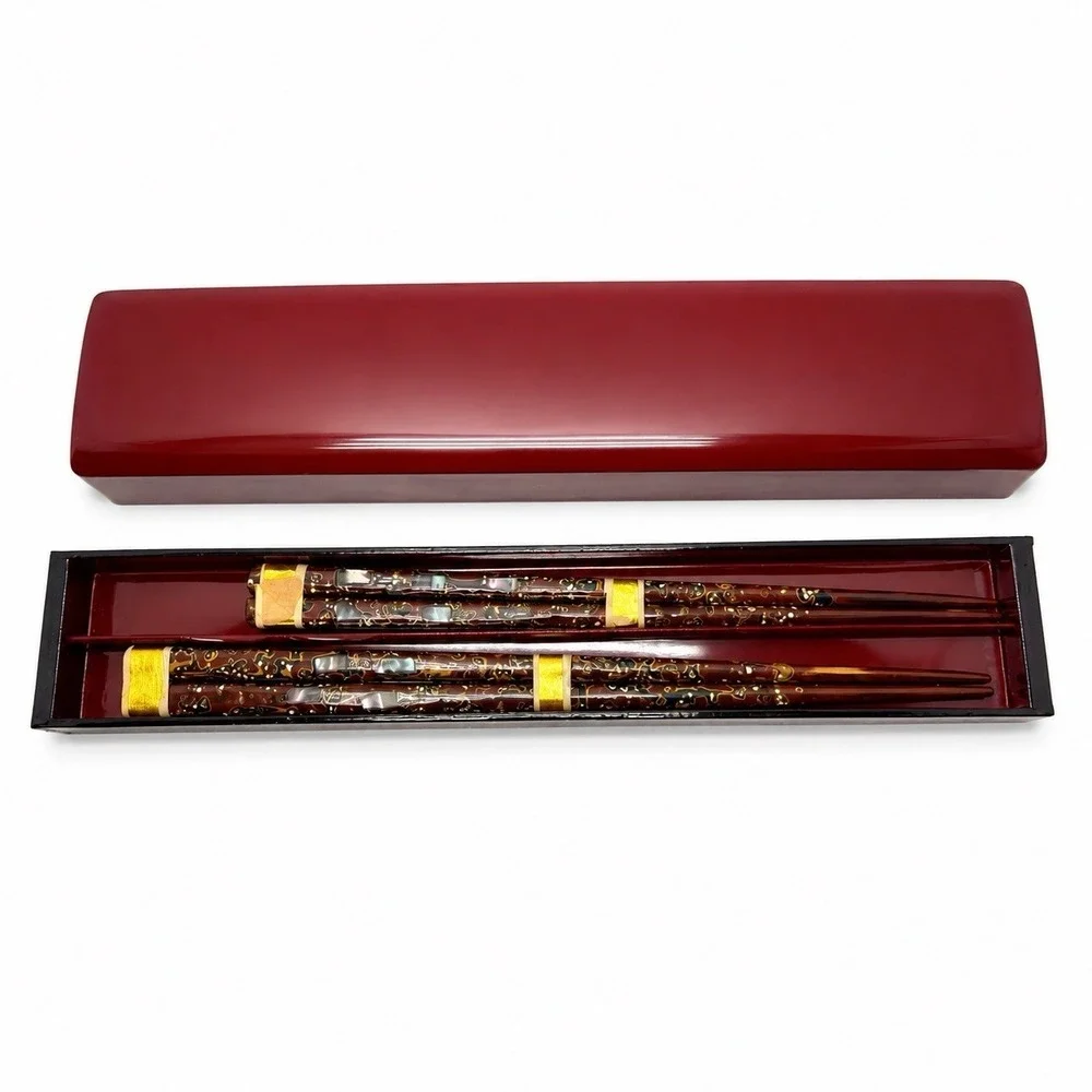Vintage Japanese Lacquer Box Meoto Chopsticks Raden Inlay Postwar Gift Set
